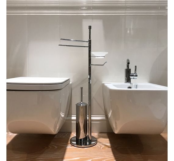 Piantana completa wc bidet bagno porta scopino rotolo salviette e porta sapone in vetro satinato design bath