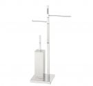 Free standing lavatory brush holder with single towel rack and toilet paper