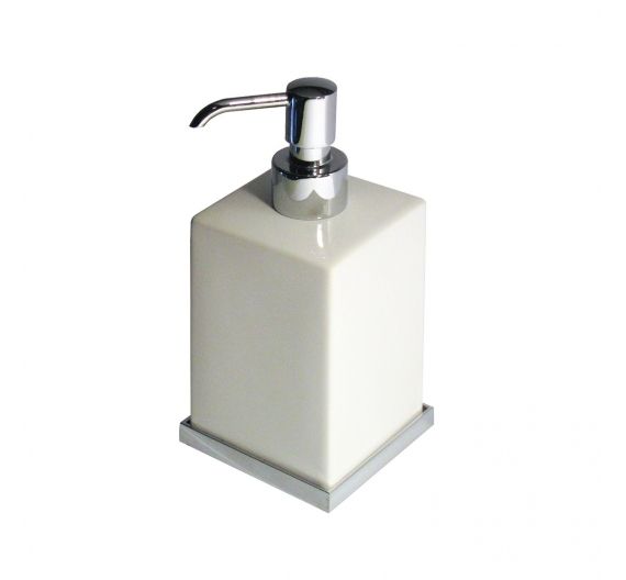 Dispenser porta sapone liquido in creamica bianca e ottone cromato, forma quadrata, stile sobrio ed elegante