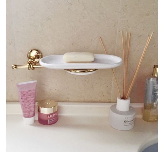 Bathroom accessories-soap dish in white ceramic, fixed to the wall-support in chromed brass-made to measure