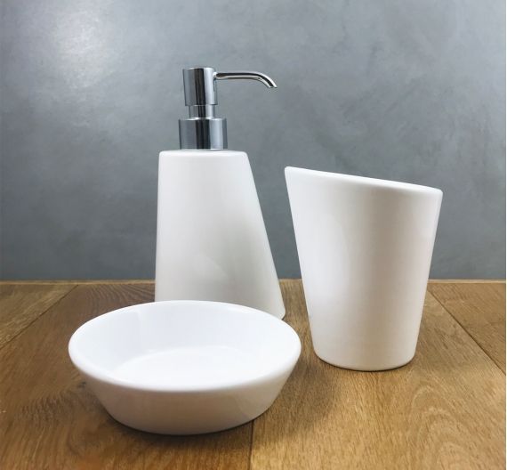 complementi da bagno in ceramica composto da porta sapone, dispenser e bicchiere per spazzolini-vari colori