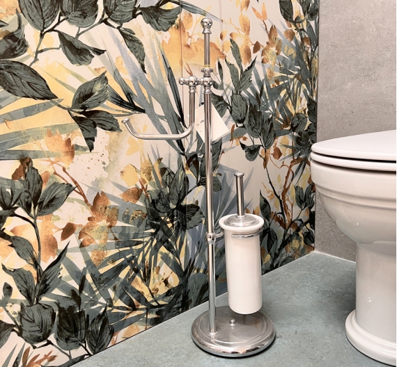 Piantana da bagno con tubo porta scopino in ceramica bianca e porta carta igienica, stile classico linea vintage per arredamento