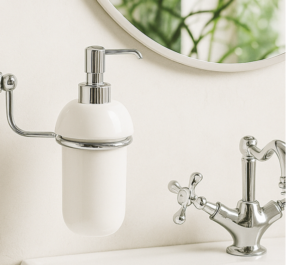door dispenser for liquid soap-bath accessory to be fixed to the wall-bathroom complements hand-crafted brass-high quality
