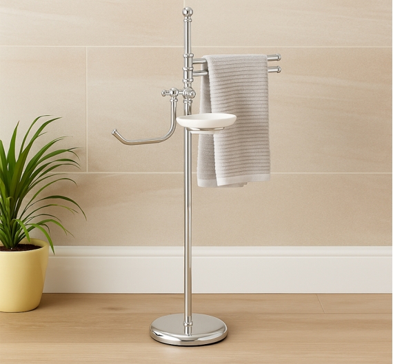 Debout à côté de la salle de bain dans le style anglais, les détenteurs de papier toilette, du savon et une serviette bidet