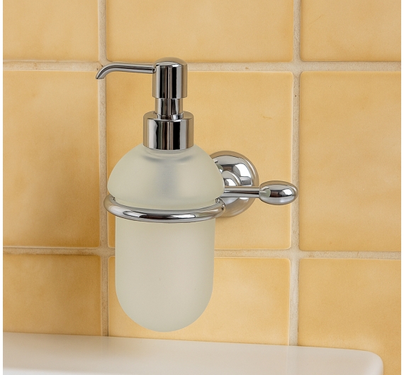 Dispenser dosatore bagno per sapone liquido-fissaggio a tasselli-vetro satinato e ottone cromato-prodotto antiruggine