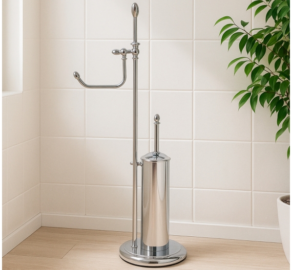 Piantana da terra portascopino e rotolo - arredo bagno in ottone cromato - alta qualità antiruggine