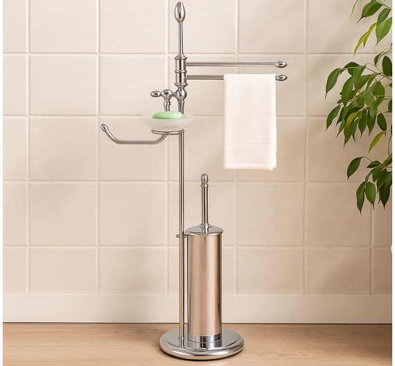 Piantana per bagno Porta Scopino, Porta Carta, Porta Sapone e Porta Asciugamano bidet aste rotabili ottone cromato antiruggine