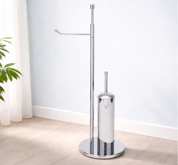Stand multifunctional toilet brush holder and roll holder in chrome plated brass-bathroom with quality artisan-made in Tuscany