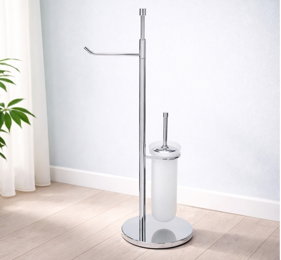 Floor freestanding toilet brush holder in frosted glass and paper roll-product bathroom rustproof brass