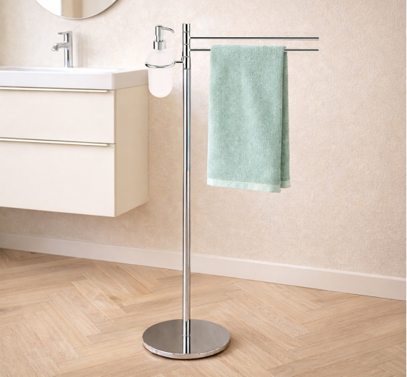 floor freestanding towel from the bathroom two rods and snacks, soap holder, liquid in glass-guaranteed product 