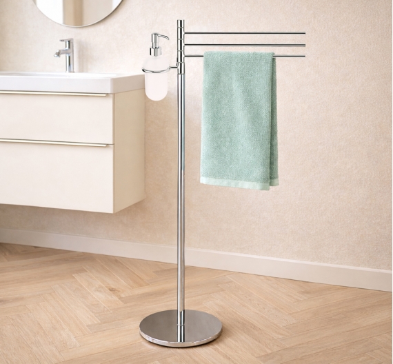 Piantana bagno freestanding con porta salviette tre aste rotabili e porta dispencer per sapone liquido-Arredo bagno Minimal