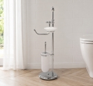Piantana da bagno di alta qualità con tutti gli elementi che ruotano in elegante vetro satinato, scopino e porta sapone e carta