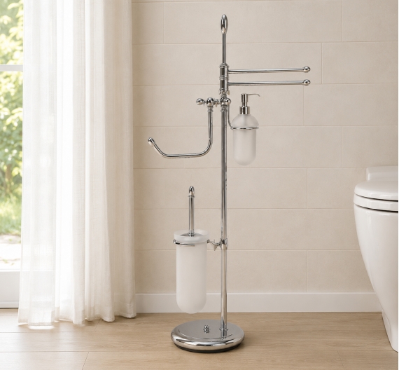 Standing toilet Brush holder in Frosted Glass, Door Roll, Door Snacks, glass and Towel bar, Bidet, 2 Rods