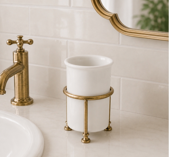 porte en verre pour les brosses à dents par la salle de bain - céramique blanche et laiton - produit de métier, de haute qualité