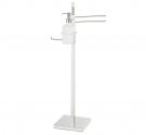 Squared brass free standing towel rack with toilet paper holder and frosted glass dispenser