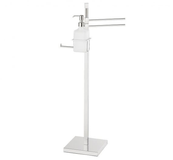 Squared brass free standing towel rack with toilet paper holder and frosted glass dispenser